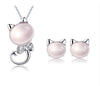 Crystal Pink Cat Earrings and Necklace Set Children Jewelry Sets for Girls Gift - Cute Animal Kids Jewelry 925 Silver Rose Quartz